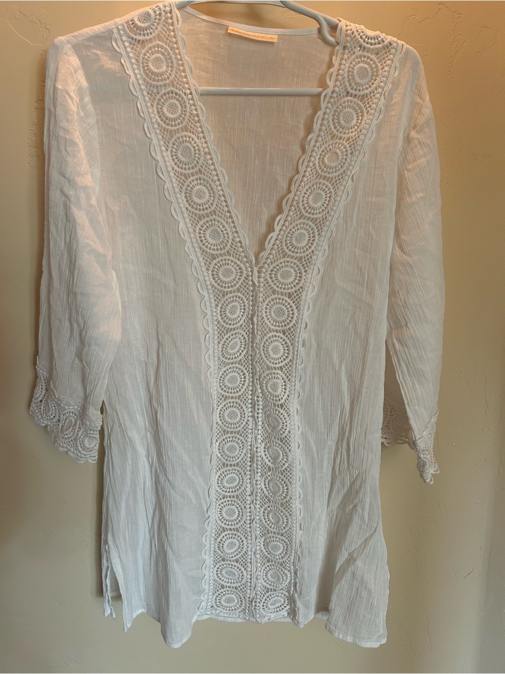 Women’s White Crochet-Trim Swim Cover-Up Tunic La Blanca embroidered medium